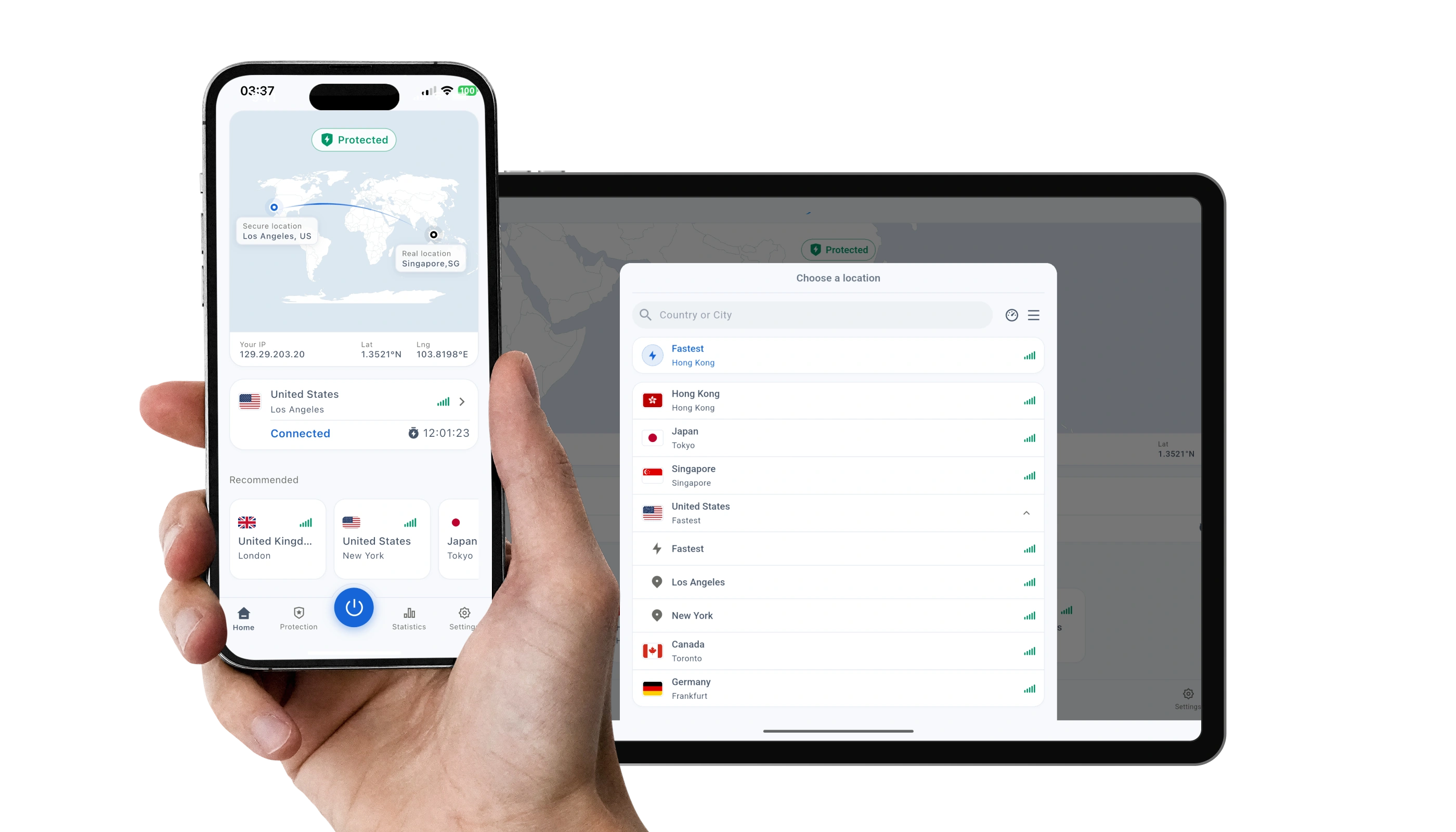Aquila VPN connected dashboard on phone and tablet